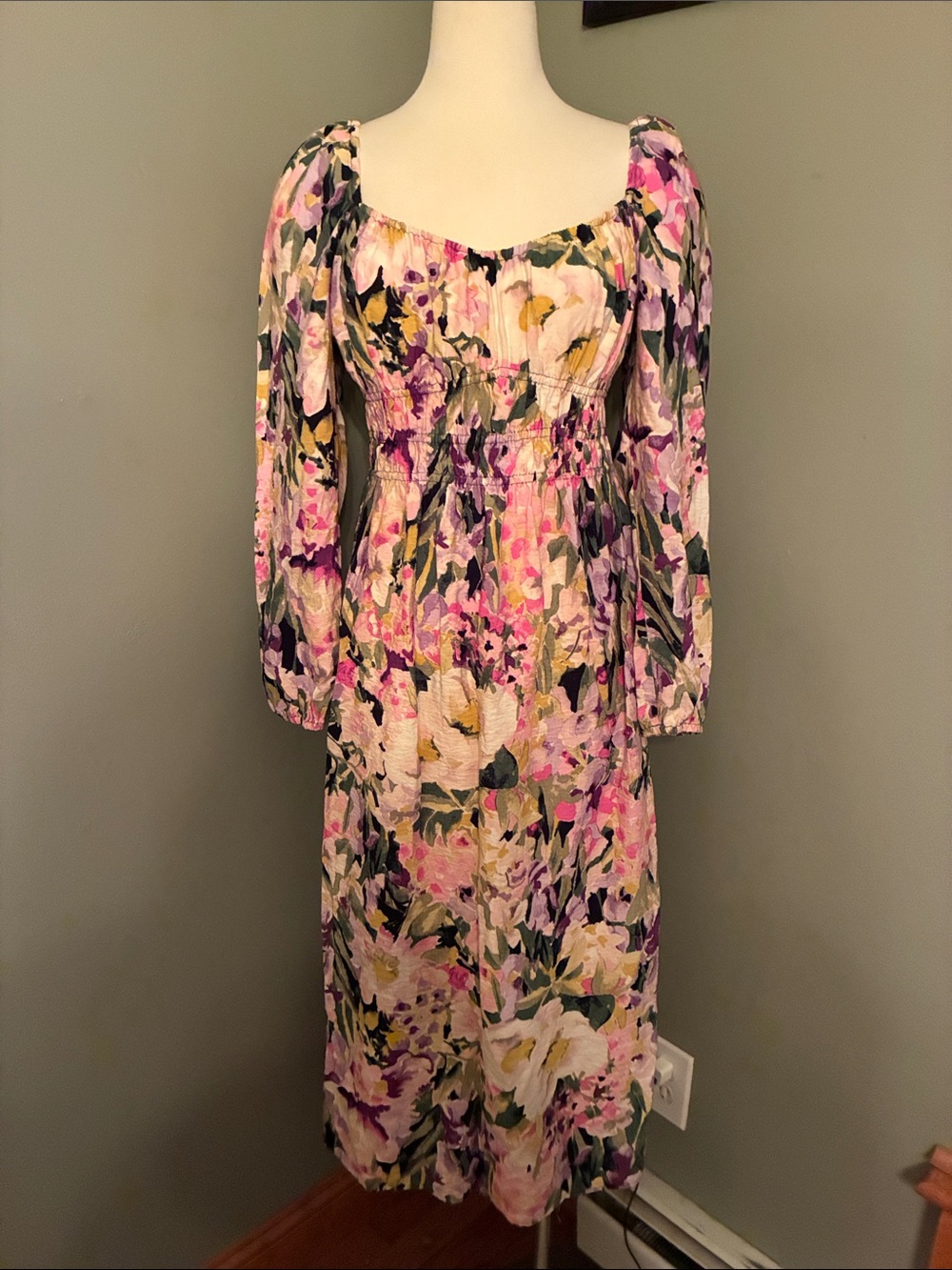 H&M Pink Floral Long Sleeve Midi Dress with Smocked Waist